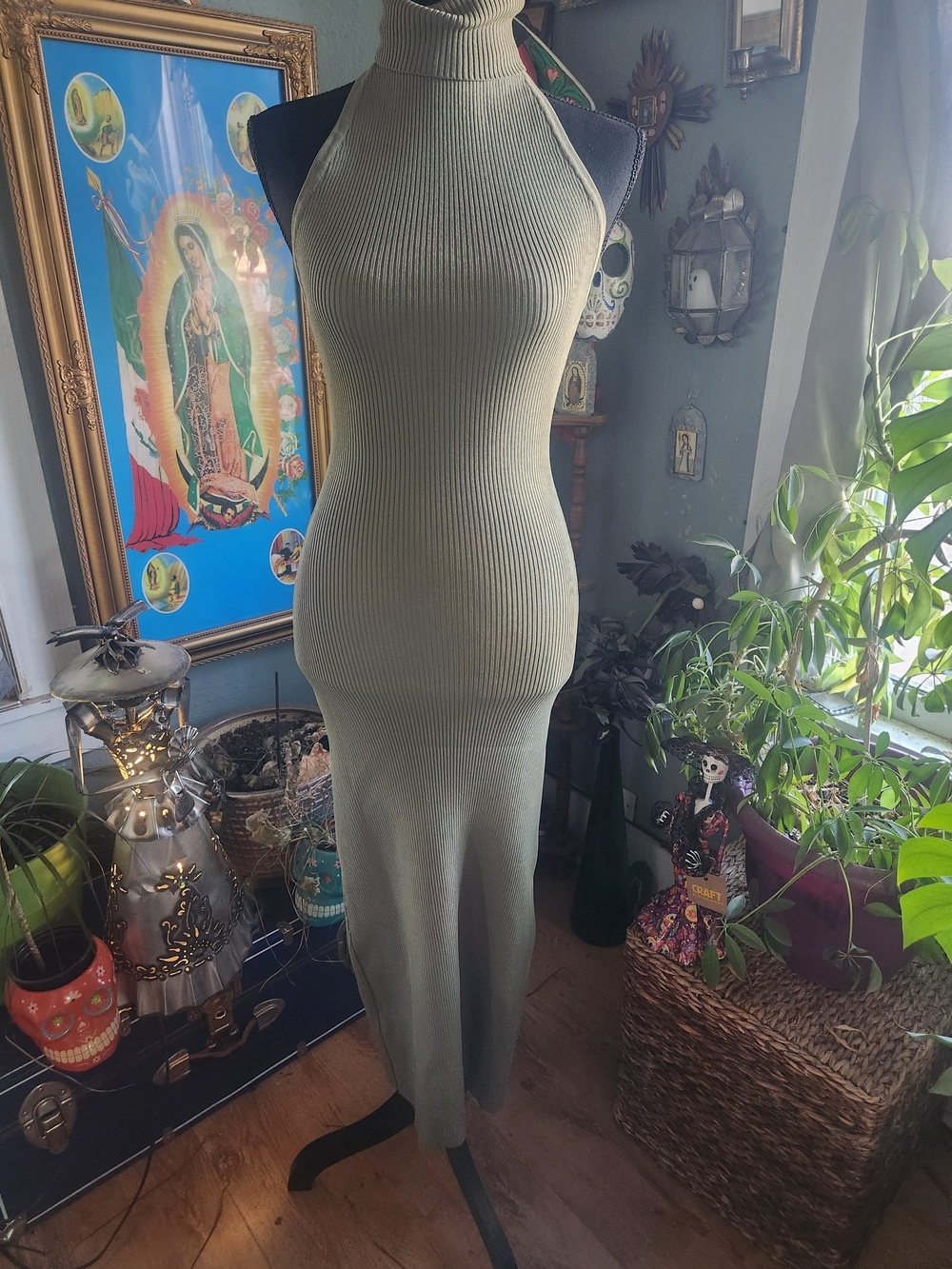 Meshki Olive Ribbed Halter Maxi Dress
